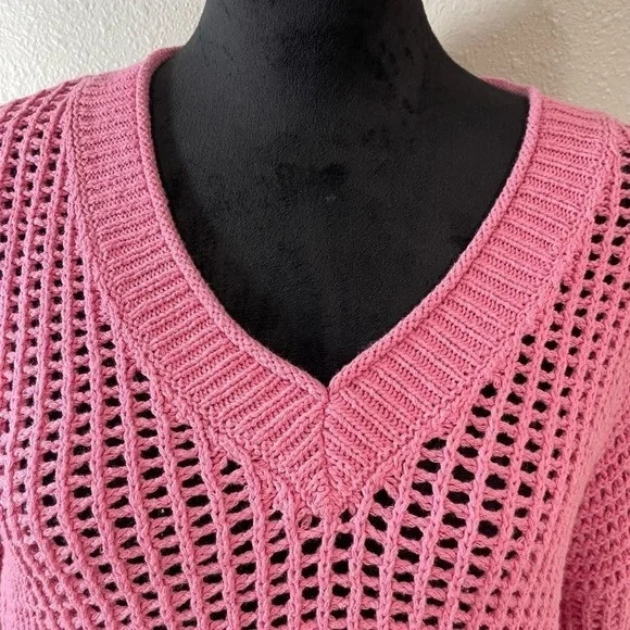 Madewell Pink Open-Knit V-Neck Sweater- Size Medium - Picture 2 of 6